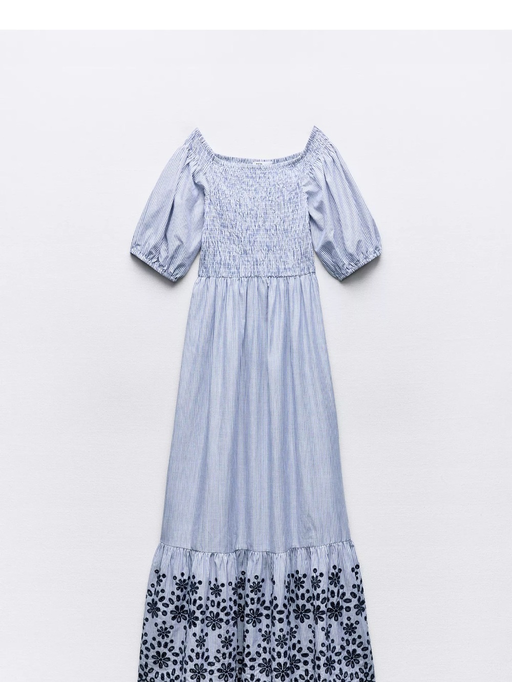 Zara Light Blue Striped Smocked Maxi Dress with Navy Floral Hem, worn once